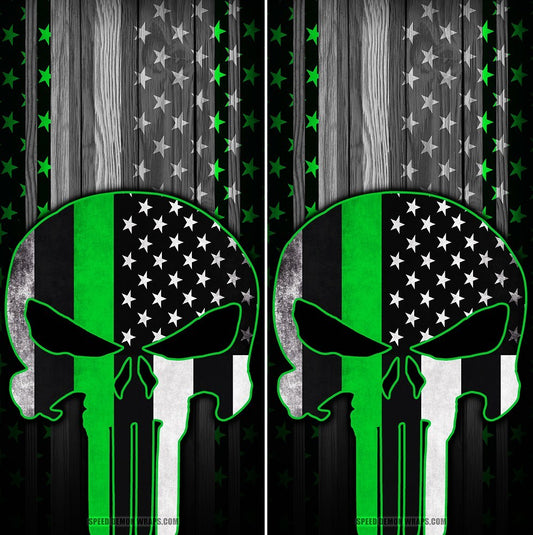 Punisher Cornhole Wraps Green Stripe American Flag - Speed Demon Wraps