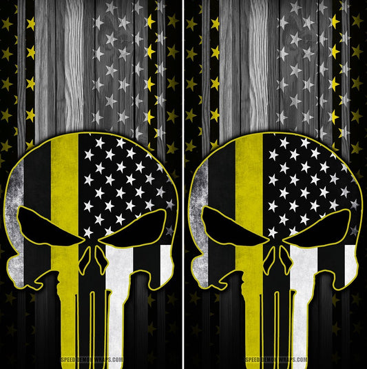 Punisher Cornhole Wraps Yellow Stripe American Flag - Speed Demon Wraps