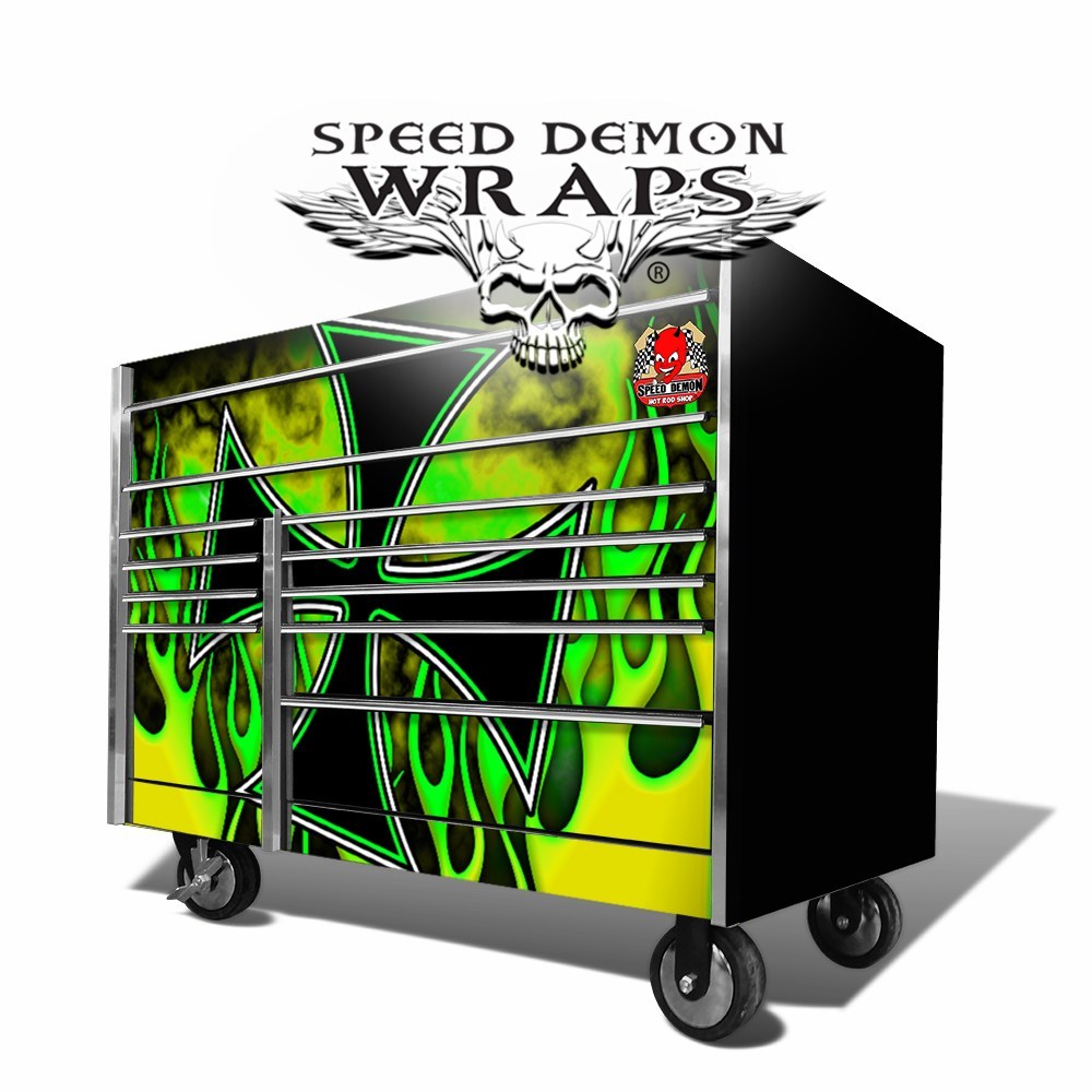 Snap-On Toolbox Wraps Hot-Rod Flames Green-Yellow