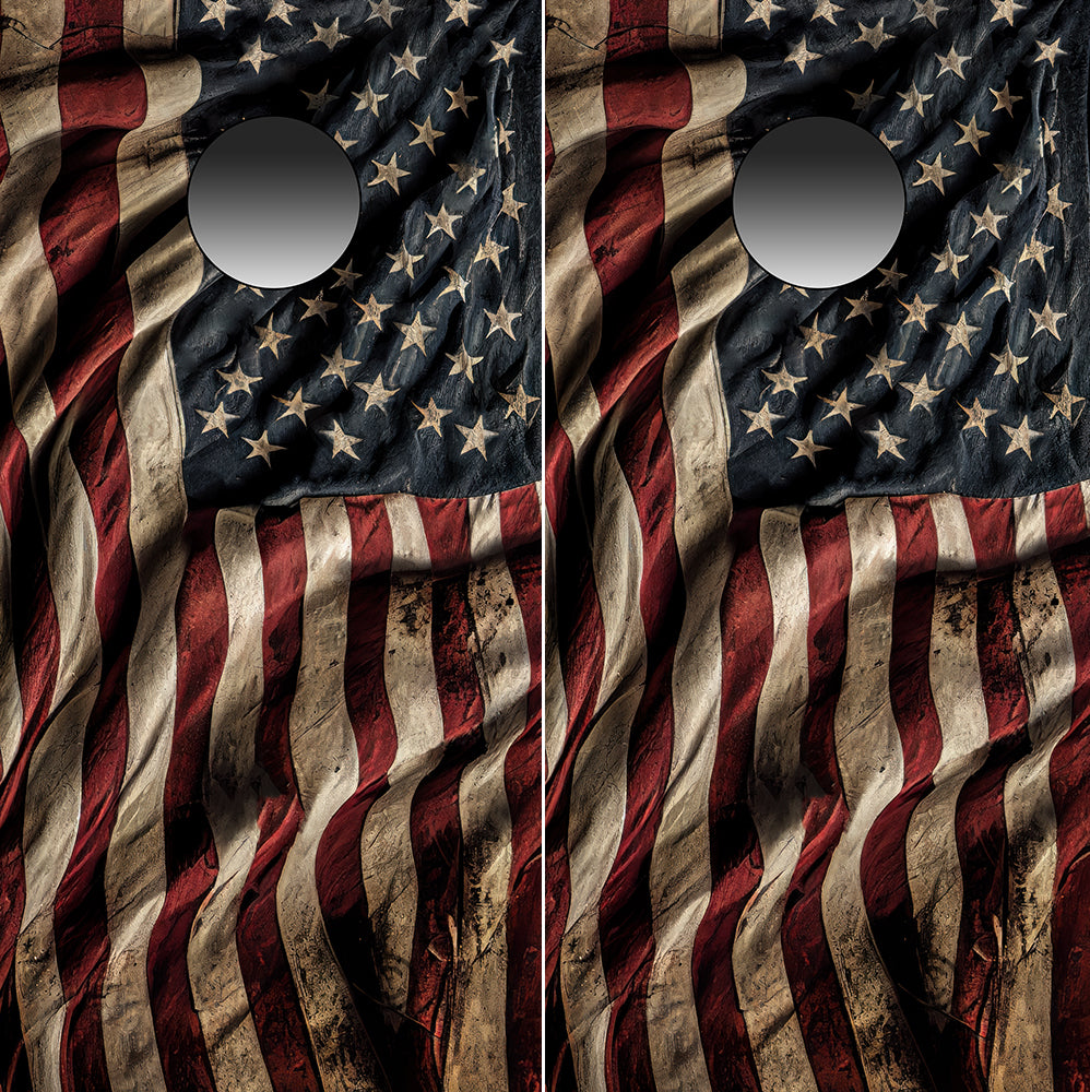 Vintage Waving American Flag Tattered Cornhole Wraps RUSTIC