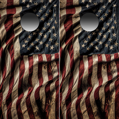 Vintage Waving American Flag Tattered Cornhole Wraps RUSTIC
